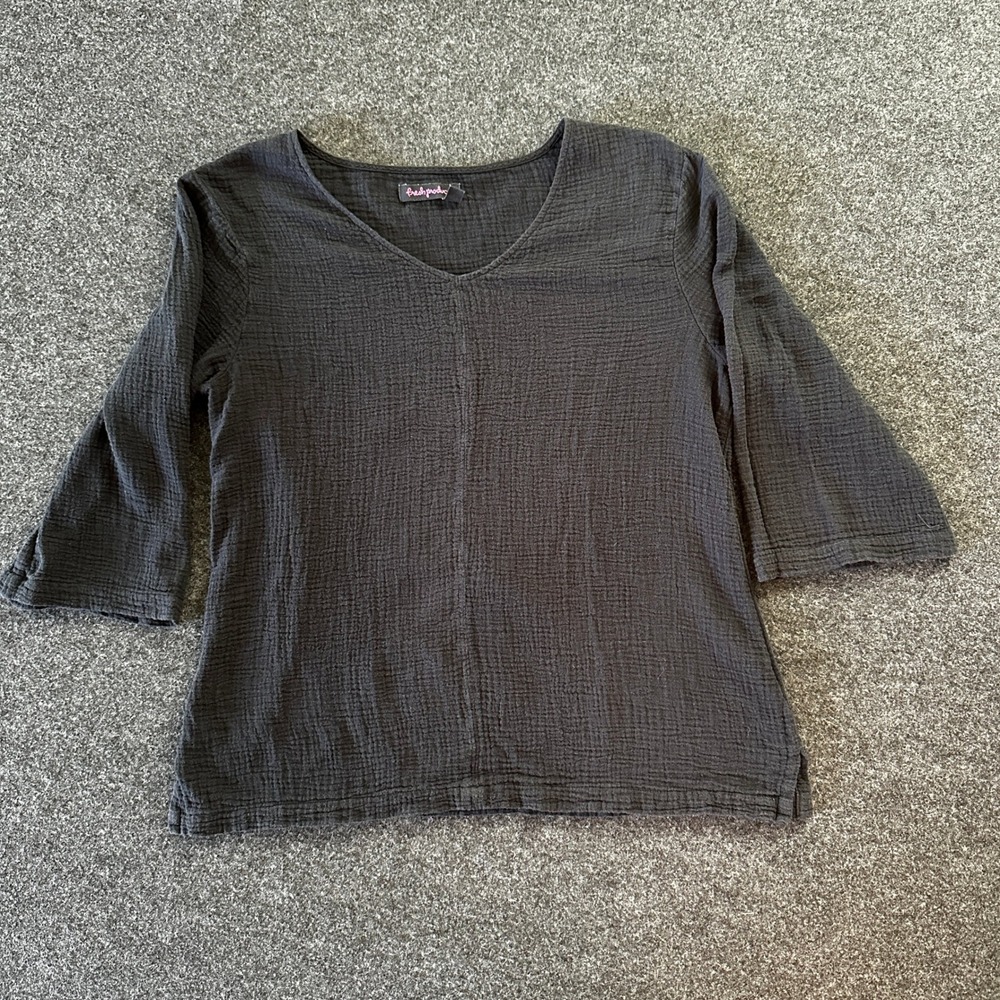 Fresh Produce Womens Black Crinkle Gauze Cotton V-Neck 3/4 Sleeve Top XS/S